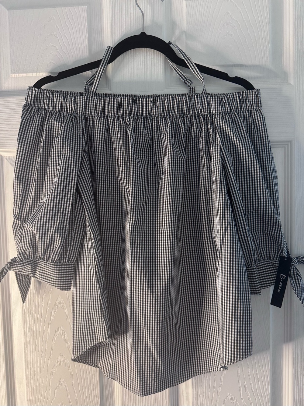 Bwear Black & White Gingham Off-Shoulder Tie Sleeve Blouse